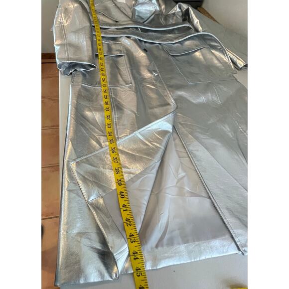 Avec Les Filles Silver Metallic Button Front Trench Coat Belted Medium *flawed - Picture 12 of 13